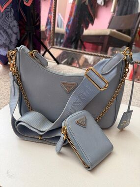 Prada Powder Blue Saffiano Leather Shoulder Bag with Coin Pouch